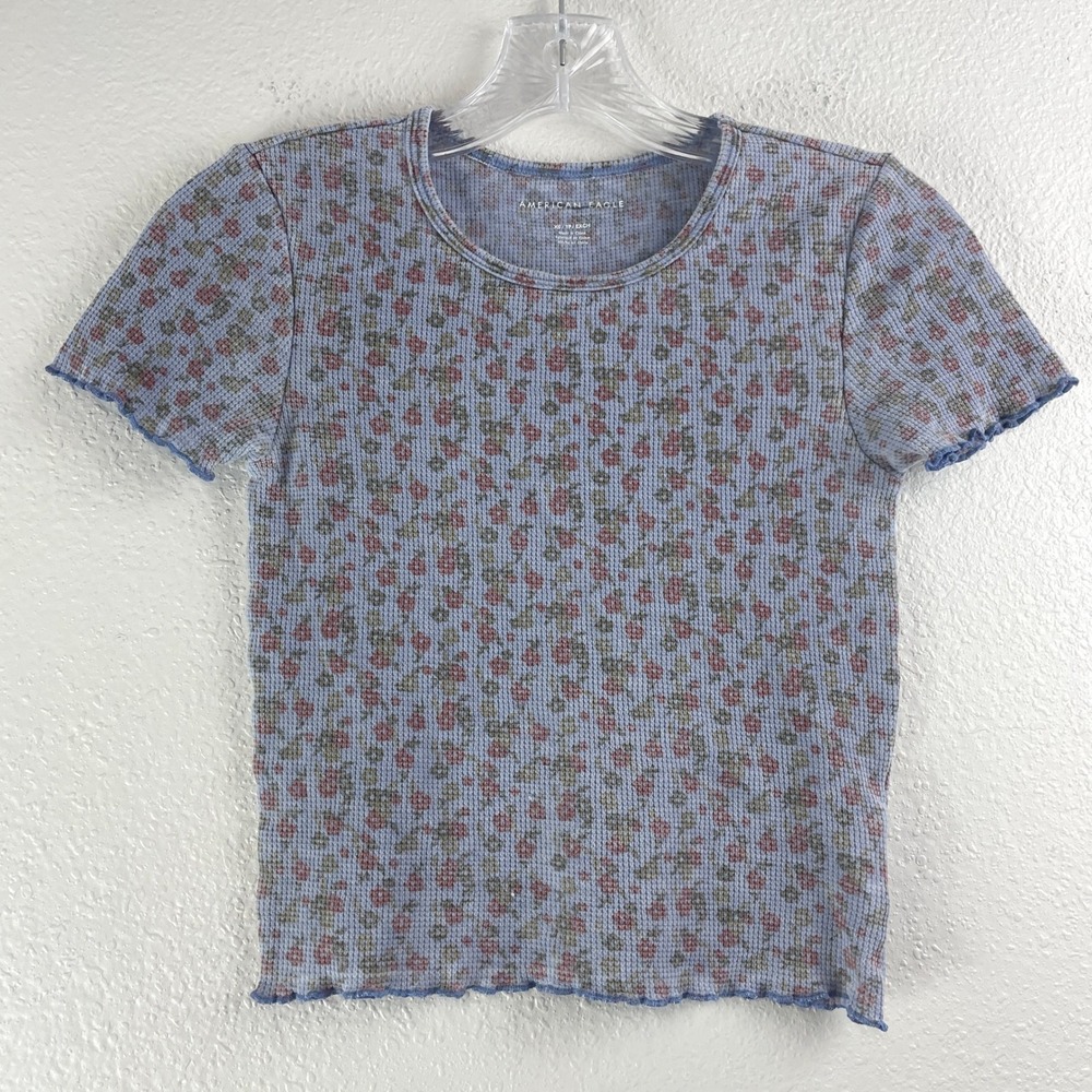 American Eagle Womens XS Blue Floral Waffle Knit Lettuce Edge Short Sleeve Top